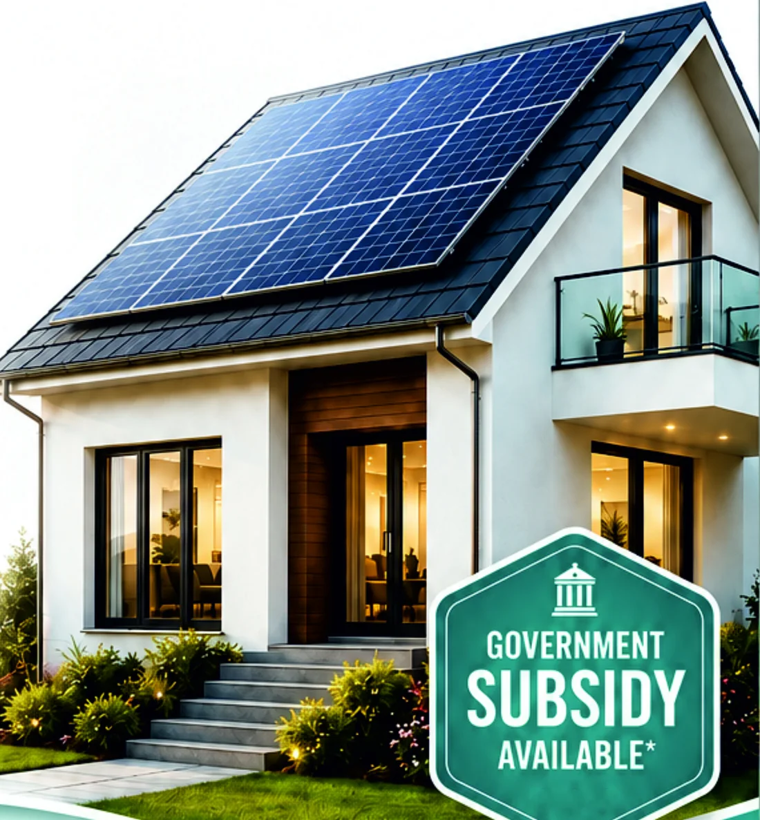 A modern home with rooftop solar panels and a Government Subsidy Available badge
